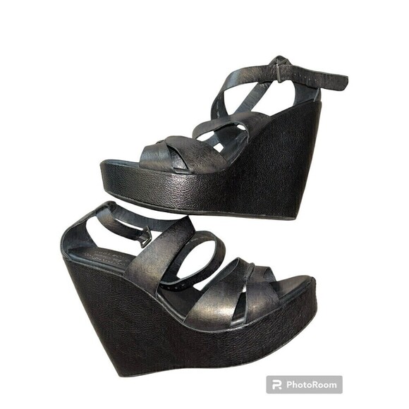 Kork Ease Womens Gracen High‎ Wedge Sandal Black Metallic Leather size 10 - Picture 1 of 8
